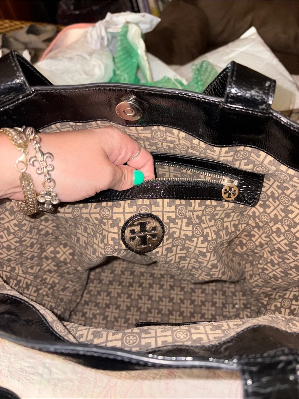 Tory Burch Black Leather Logo Embossed Tote